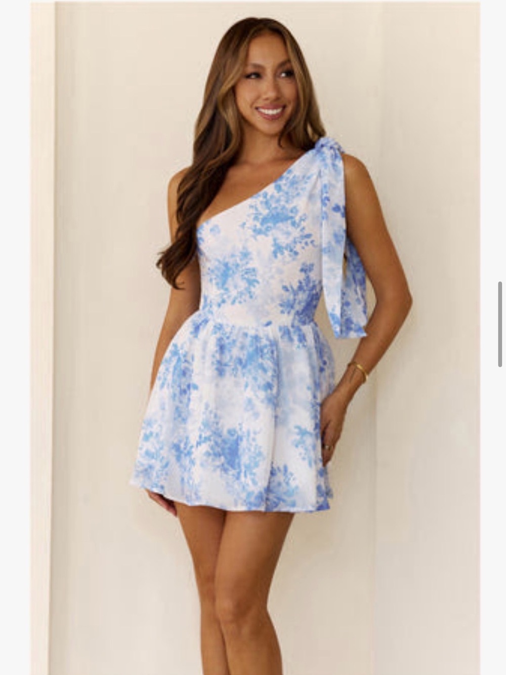 Hello Molly White and Blue One-Shoulder Floral Mini Dress